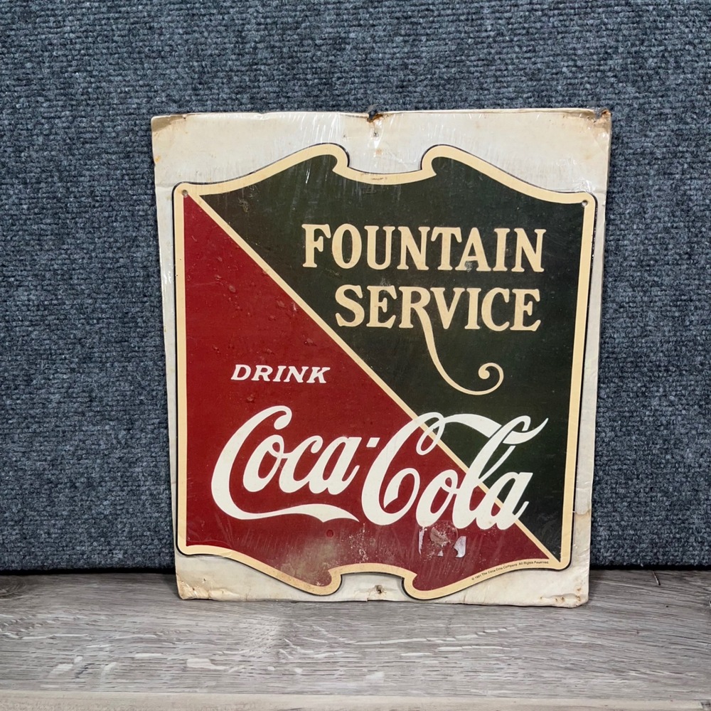 Coca-Cola‎ Fountain Service Metal Sign 1991 Vintage 12x11 Americana Wall Art